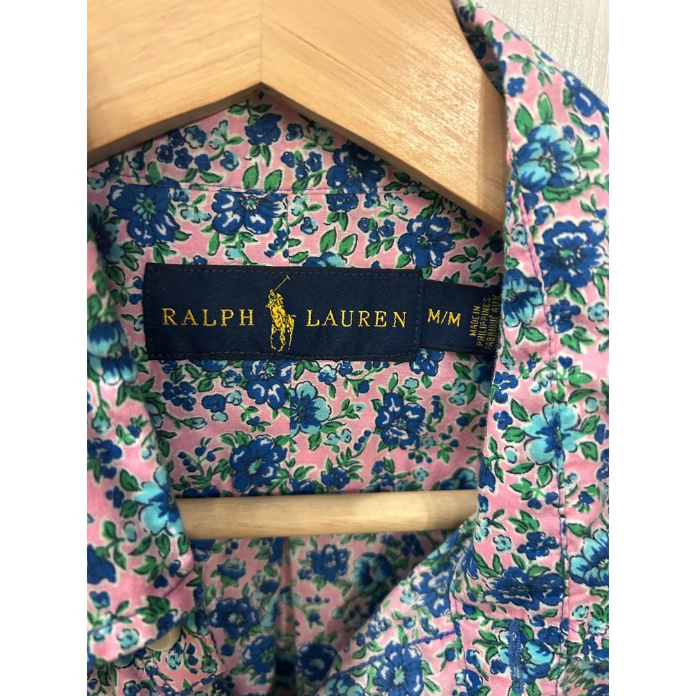 Ralph Lauren Button Down Shirt Pink Blue Floral Cotton Long Sleeve Mens M - Picture 3 of 4